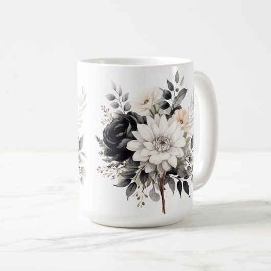 Zwarte en witte rozen en madeliefjes op wit koffiemok (Voorkant rechts)