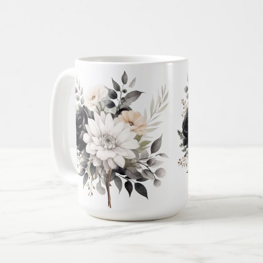 Zwarte en witte rozen en madeliefjes op wit koffiemok (Voorkant links)