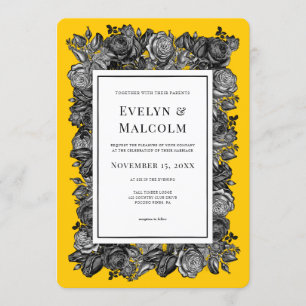 Zwarte en witte rozen Goldenrod Wedding Kaart