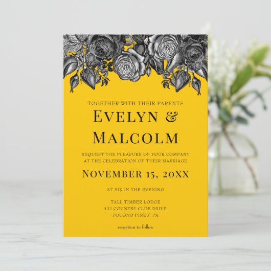 Zwarte en witte rozen Goldenrod Wedding Kaart (Staand voorkant)