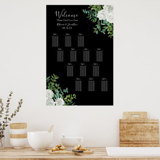 Zwarte en witte rozen Gothic Wedding Seating Chart Poster (Keuken)
