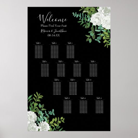 Zwarte en witte rozen Gothic Wedding Seating Chart Poster (Voorkant)