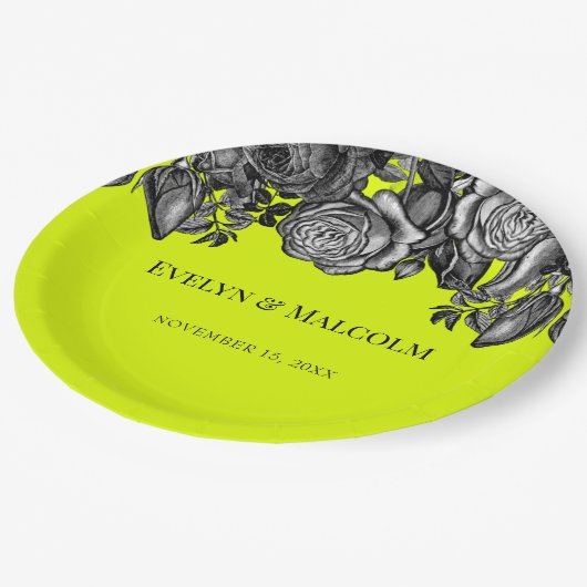Zwarte en witte rozen Lime Green Wedding Papieren Bordje (Gekanteld)