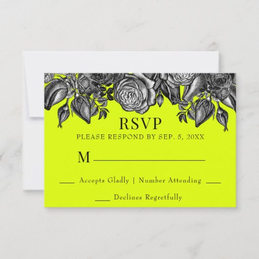 Zwarte en witte rozen Lime Green Wedding RSVP Kaartje (Voorkant)