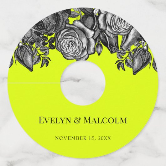 Zwarte en witte rozen Lime Green Wedding Wijnglaslabel (Voorkant)