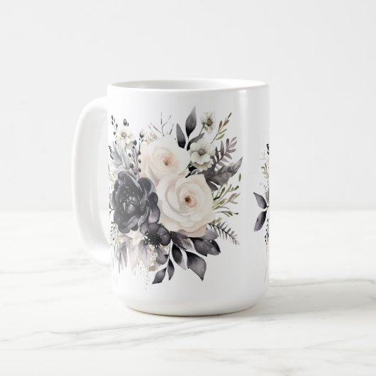 Zwarte en witte rozen op wit koffiemok (Voorkant links)