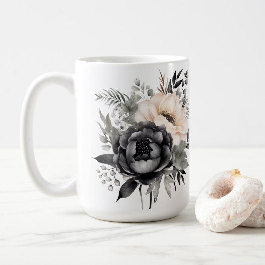Zwarte en witte rozen op wit koffiemok (Met donut)