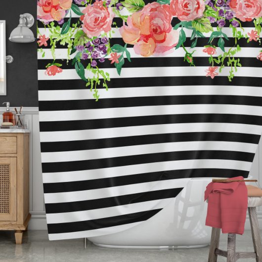 Zwarte en witte Rozen Waterverf kunst Stripe Douchegordijn