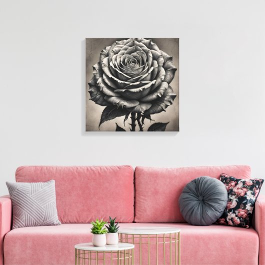 Zwarte en witte rozenbloem canvas afdruk (Insitu (Woonkamer))