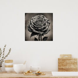 Zwarte en witte rozenbloem poster