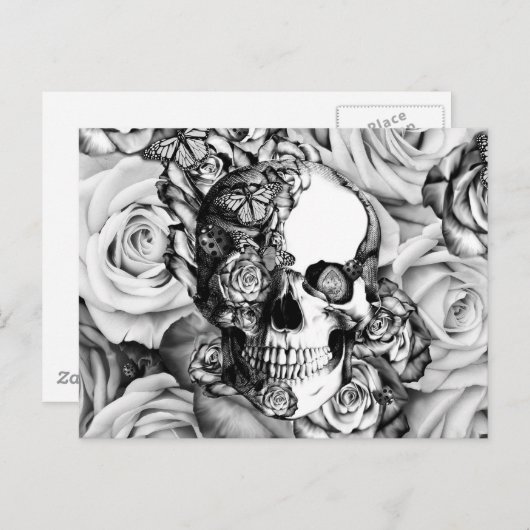 Zwarte en witte rozenschedel met vlinders briefkaart (Voorkant / Achterkant)