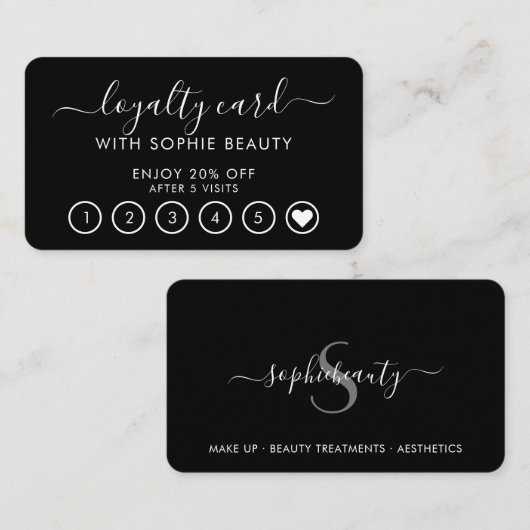 Zwarte en witte salon Business Monogram Loyalty-ka Klantenkaartje (Voorkant / Achterkant)
