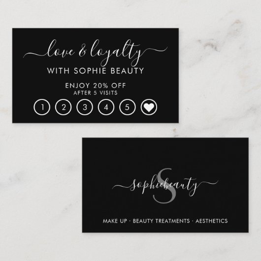 Zwarte en witte salon Business Monogram Loyalty-ka Klantenkaartje (Voorkant / Achterkant)