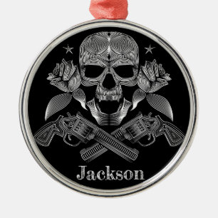 Zwarte en witte schedel en Pistolen Metalen Ornament