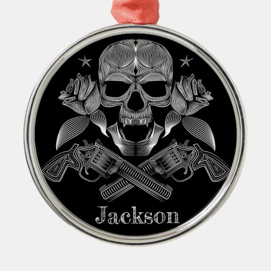 Zwarte en witte schedel en Pistolen Metalen Ornament (Voorkant)