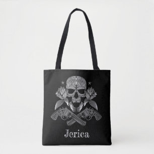 Zwarte en witte schedel en Pistolen Tote Bag
