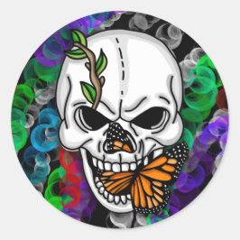 Zwarte en witte schedel met monboogvlinder ronde sticker