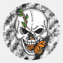 Zwarte en witte schedel met monboogvlinder ronde sticker