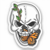 Zwarte en witte schedel met monboogvlinder sticker (Voorkant)