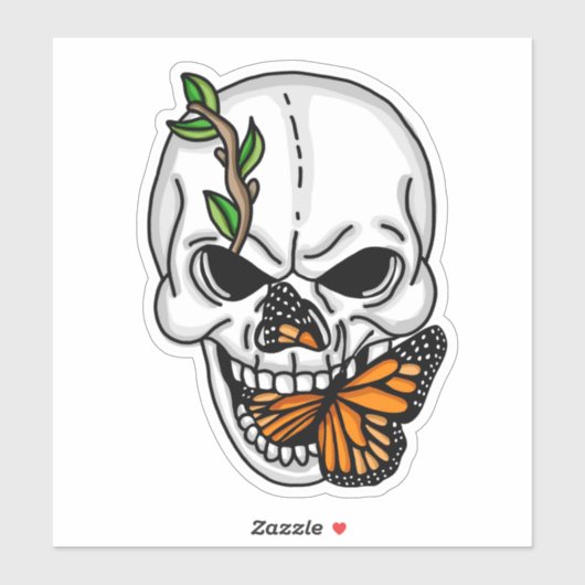 Zwarte en witte schedel met monboogvlinder sticker (Vel)