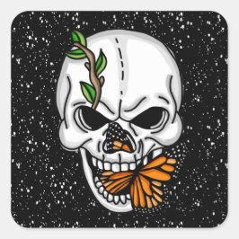 Zwarte en witte schedel met monboogvlinder vierkante sticker