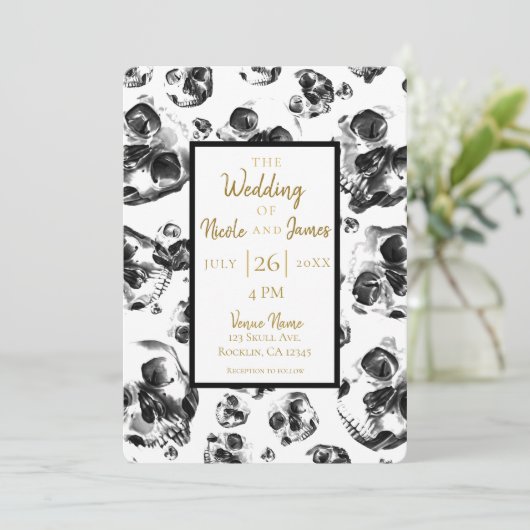 Zwarte en witte schedels Skeleton Skull Weddenscha Kaart (Staand voorkant)