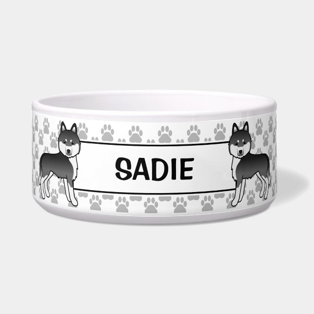 Zwarte en witte Siberische Husky met de naam van h Voerbakje (Voorkant)