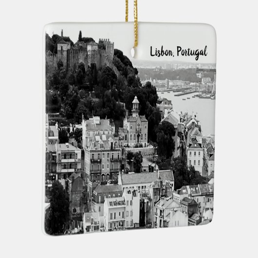 Zwarte en witte skyline van Lissabon Portugal Keramisch Ornament (Rechts)