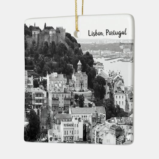 Zwarte en witte skyline van Lissabon Portugal Keramisch Ornament (Links)
