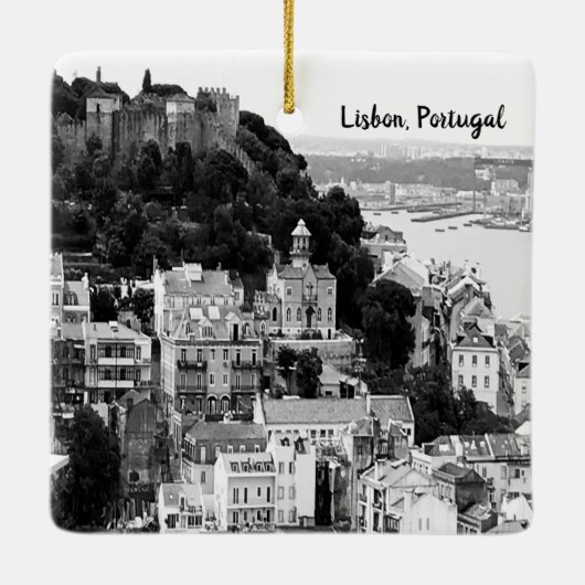 Zwarte en witte skyline van Lissabon Portugal Keramisch Ornament (Achterkant)
