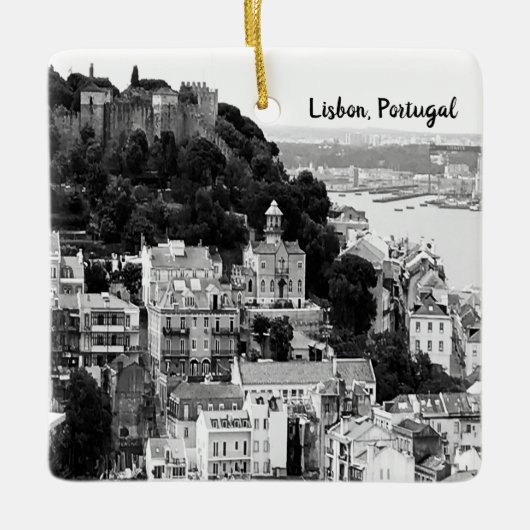 Zwarte en witte skyline van Lissabon Portugal Keramisch Ornament (Voorkant)