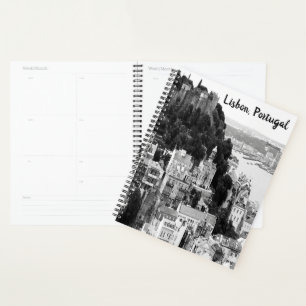 Zwarte en witte skyline van Lissabon Portugal Planner
