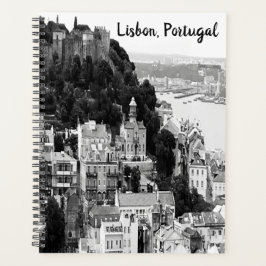 Zwarte en witte skyline van Lissabon Portugal Planner