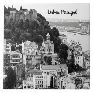 Zwarte en witte skyline van Lissabon Portugal   Tegeltje