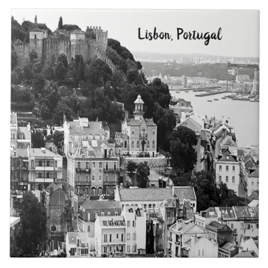Zwarte en witte skyline van Lissabon Portugal Tegeltje (Voorkant)