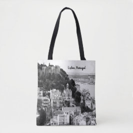 Zwarte en witte skyline van Lissabon Portugal Tote Bag