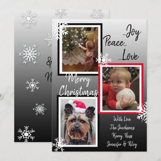 Zwarte en witte sneeuwvlokken Familie Foto's Kerst Kaart (Voorkant / Achterkant)