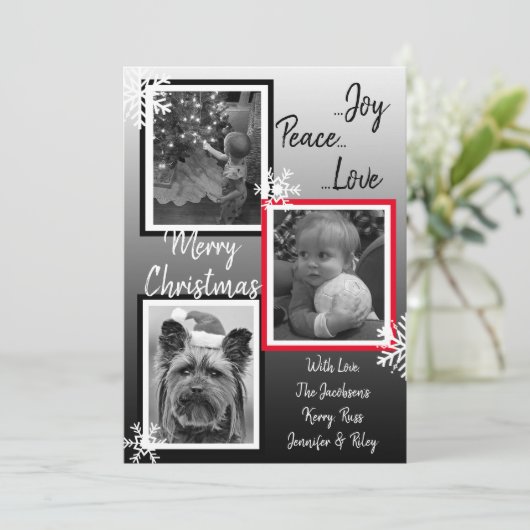 Zwarte en witte sneeuwvlokken Familie Foto's Kerst Kaart (Staand voorkant)