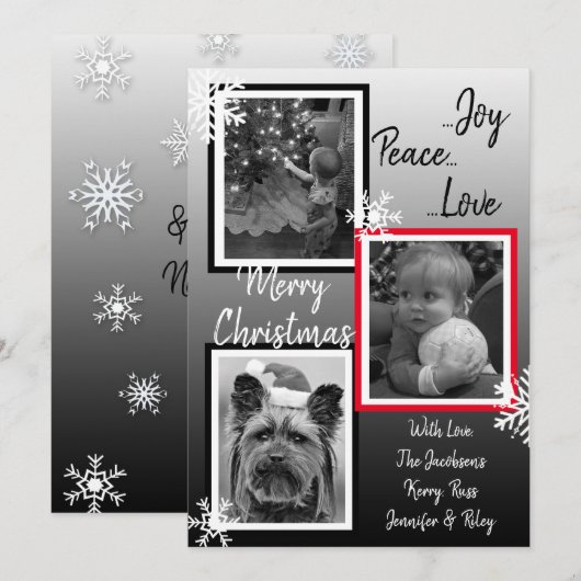 Zwarte en witte sneeuwvlokken Familie Foto's Kerst Kaart (Voorkant / Achterkant)