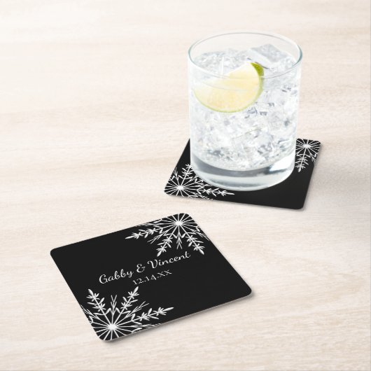 Zwarte en witte sneeuwvlokken Winterbruiloft Kartonnen Onderzetters (Insitu)
