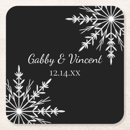 Zwarte en witte sneeuwvlokken Winterbruiloft Kartonnen Onderzetters (Voorkant)
