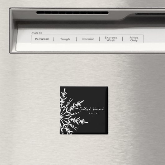 Zwarte en witte sneeuwvlokken winterbruiloft magneet (Insitu (Vaatwasser))