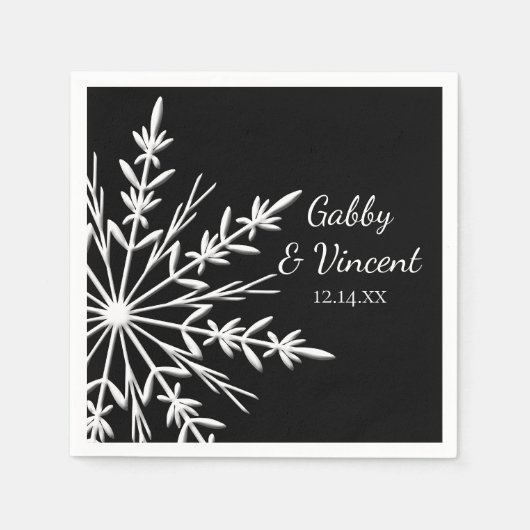 Zwarte en witte sneeuwvlokken winterbruiloft servetten (Voorkant)