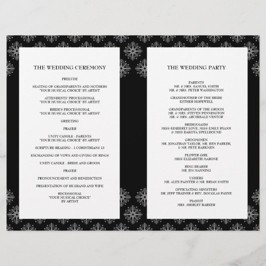 Zwarte en witte sneeuwvlokken wintertrouwprogramma (Achterkant)