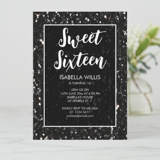 Zwarte en witte sparkles Sweet 16 elegant script Kaart (Staand voorkant)