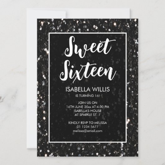 Zwarte en witte sparkles Sweet 16 elegant script Kaart (Voorkant)