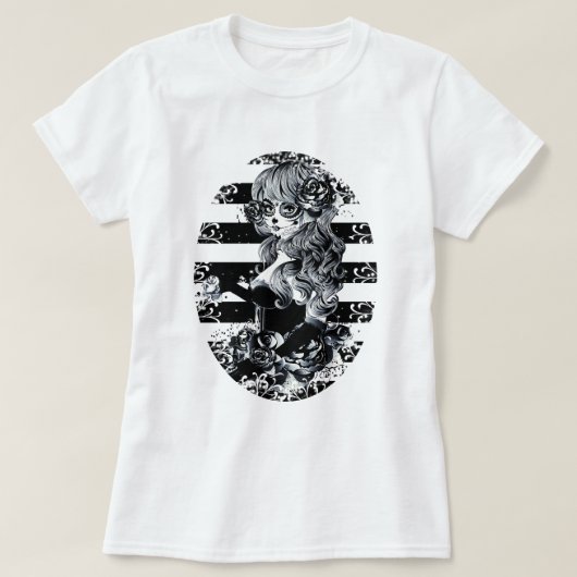 Zwarte en witte streep Dag van de dode suikersched T-shirt (Design voorkant)