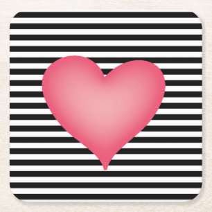Zwarte en witte streep met groot roze hart kartonnen onderzetters