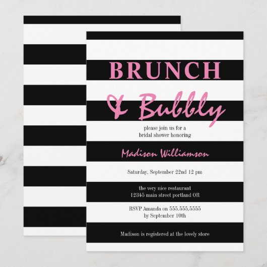 Zwarte en witte streep met roze Brunch en breekbaa Kaart (Voorkant / Achterkant)