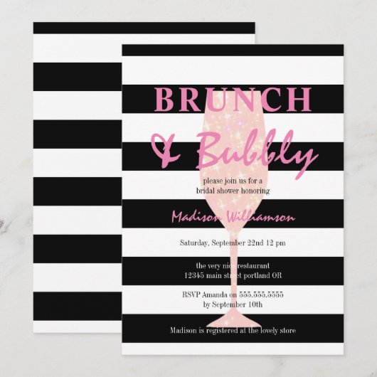 Zwarte en witte streep met roze glitter Champagne Kaart (Voorkant / Achterkant)